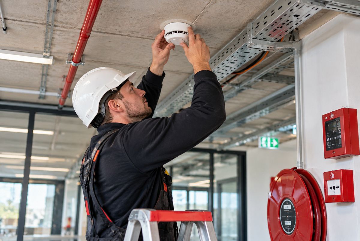 Installateur monteert een rookmelder aan het plafond als onderdeel van een brandmeldinstallatie in een bedrijfspand