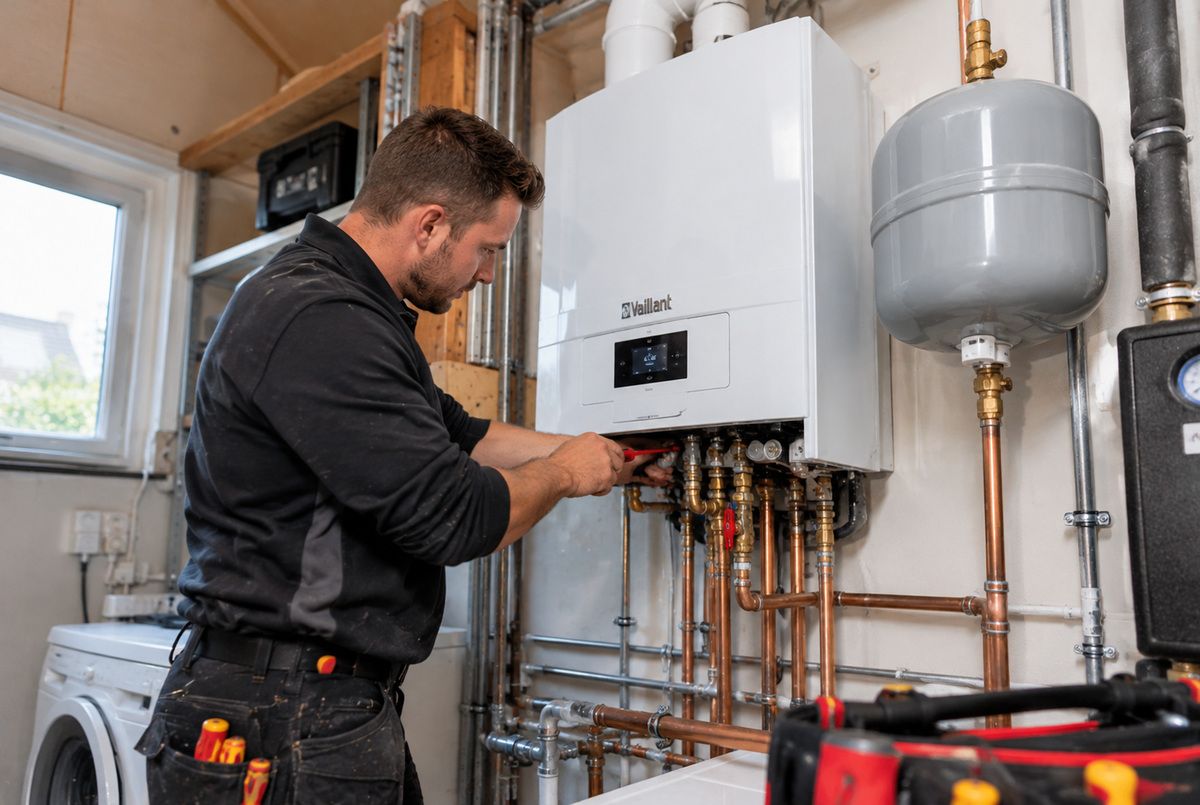 Installateur controleert de aansluitingen van een cv-ketel tijdens onderhoud aan de verwarmingsinstallatie in een woning