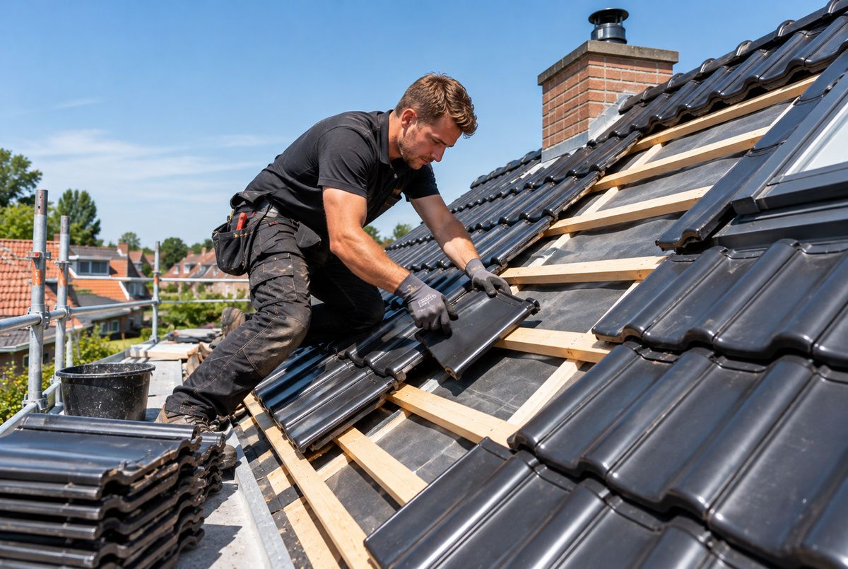 Dakpannen leggen en dakrenovatie uitvoeren door een professioneel dakdekkersbedrijf Dakdekker legt zwarte dakpannen op een schuin dak tijdens de renovatie van een woning