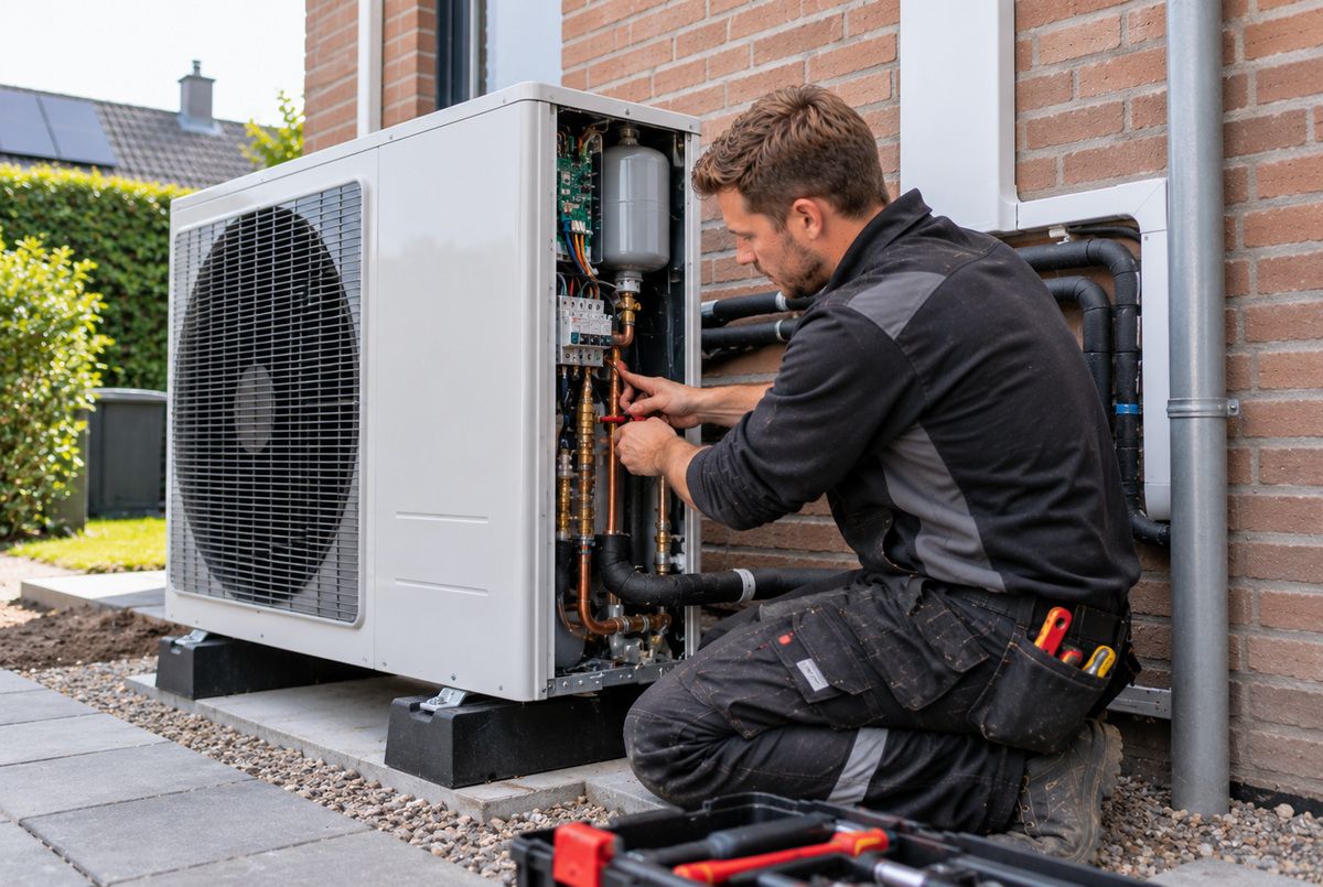 Installateur controleert de leidingen en aansluitingen van een warmtepomp bij een woning