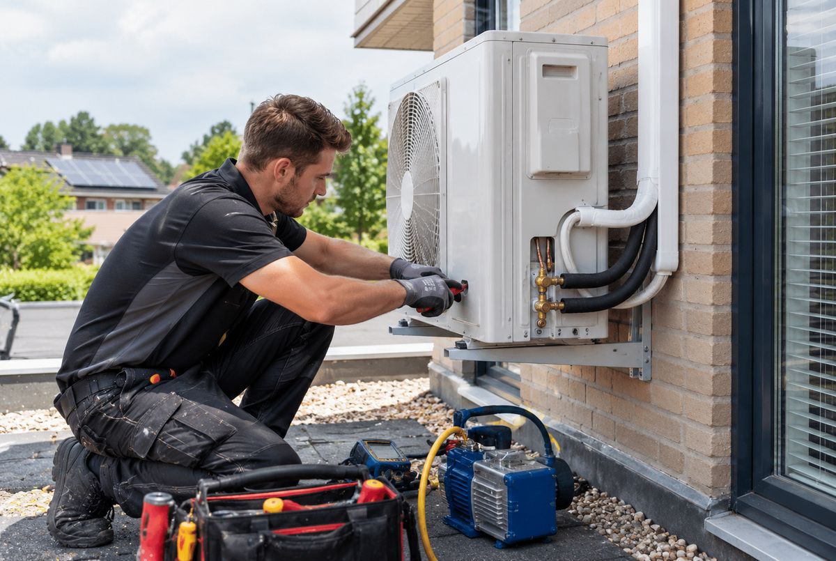Warmtepomp installeren en controleren door een professioneel installatiebedrijf Installateur controleert de buitenunit van een warmtepomp tijdens installatie bij een woning