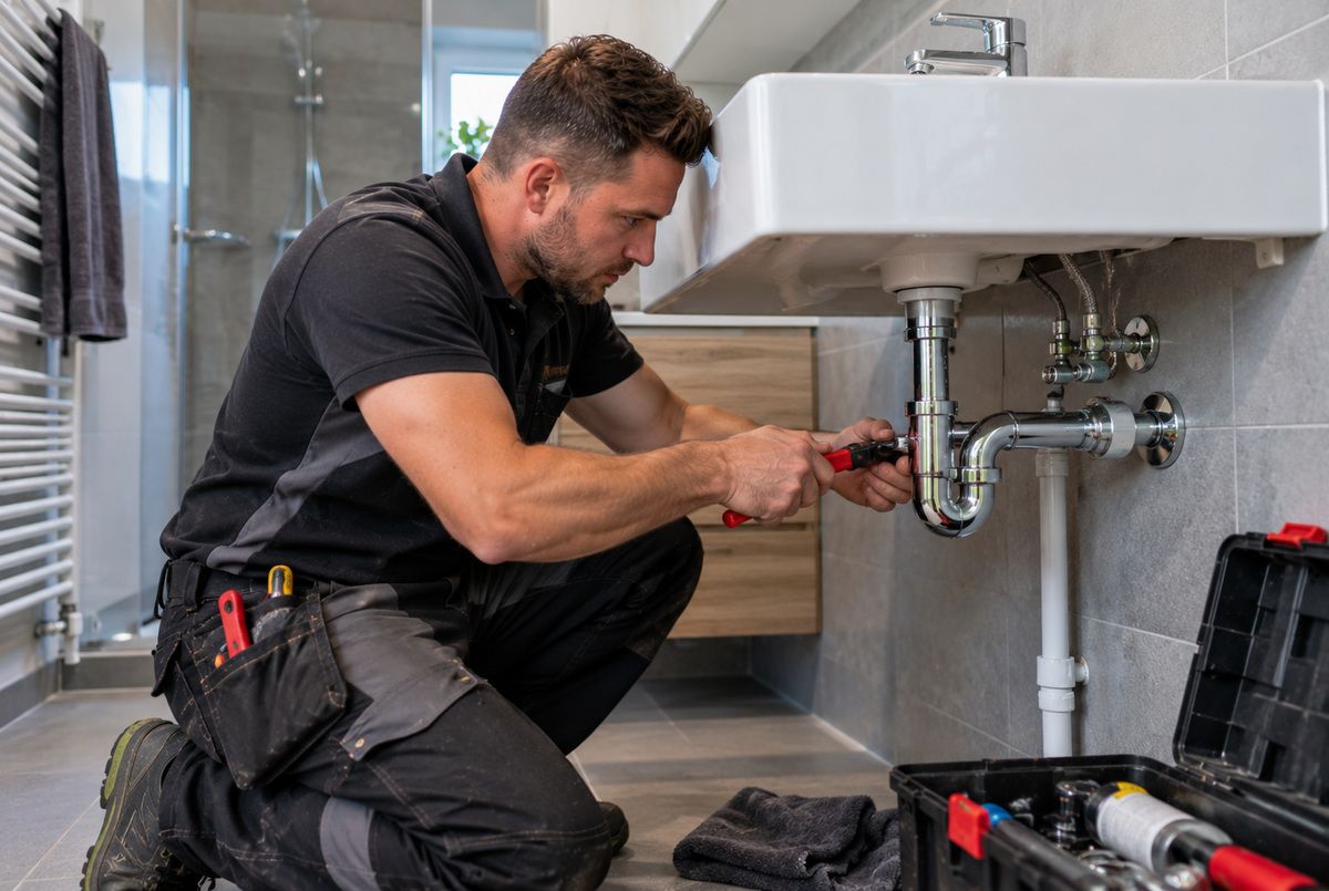Loodgieter monteert een sifon en sluit de afvoer van een wastafel aan in een moderne badkamer