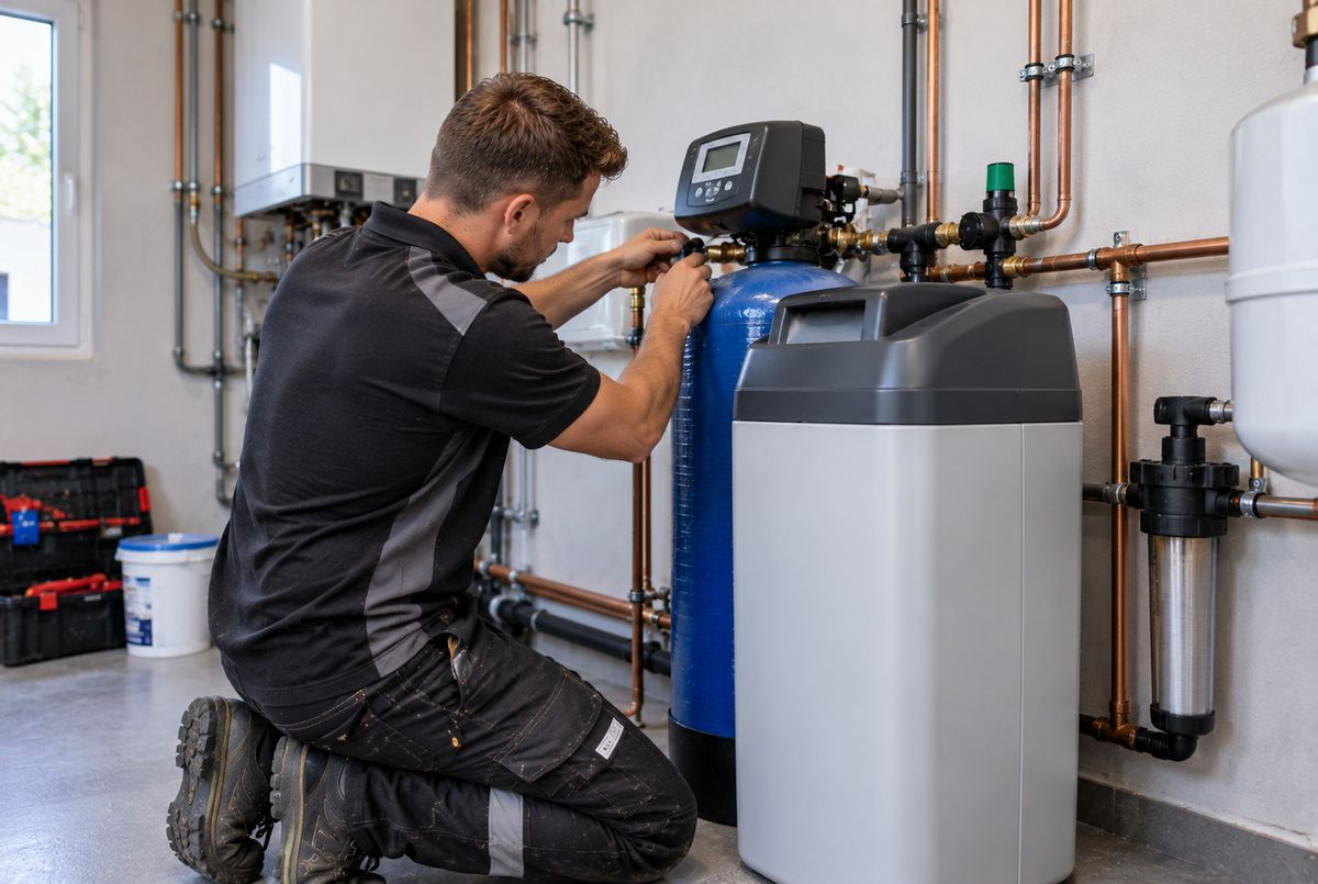 Waterontharder installeren en aansluiten door een professioneel installatiebedrijf Installateur sluit een waterontharder aan op de waterleidingen in de technische ruimte van een woning