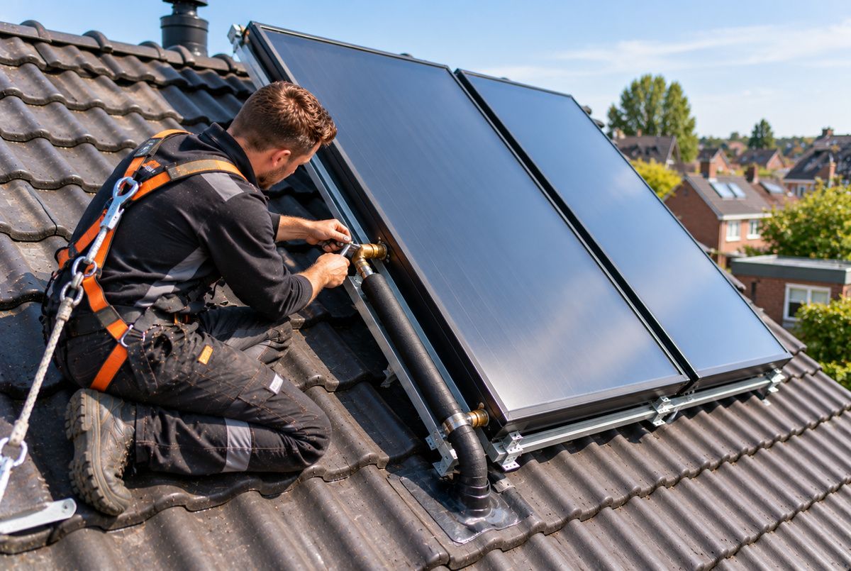 Zonneboiler installeren en zonnecollectoren aansluiten door een professioneel installatiebedrijf Installateur sluit de leidingen van zonnecollectoren aan tijdens de installatie van een zonneboiler op het schuine dak van een woning