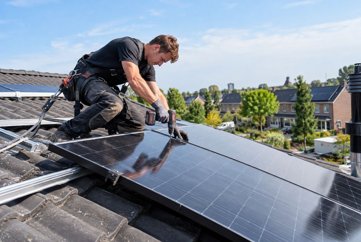 Installateur bevestigt zonnepanelen op montagerails tijdens de installatie op het schuine dak van een woning